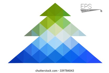 Blue, green low poly style christmas tree vector illustration consisting of triangles. Abstract triangular polygonal origami or crystal design of New Years celebration. Isolated on white background