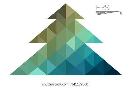 Blue, green low poly style christmas tree vector illustration consisting of triangles. Abstract triangular polygonal origami or crystal design of New Years celebration. Isolated on white background