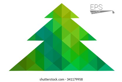 Blue, green low poly style christmas tree vector illustration consisting of triangles. Abstract triangular polygonal origami or crystal design of New Years celebration. Isolated on white background