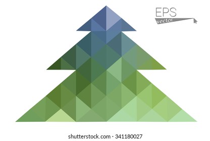 Blue, green low poly style christmas tree vector illustration consisting of triangles. Abstract triangular polygonal origami or crystal design of New Years celebration. Isolated on white background Blue, green low poly style christmas tree vector illustration consisting of triangles. Abstract triangular polygonal origami or crystal design of New Years celebration. Isolated on white background