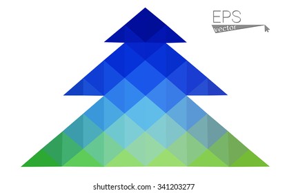 Blue, green low poly style christmas tree vector illustration consisting of triangles. Abstract triangular polygonal origami or crystal design of New Years celebration. Isolated on white background