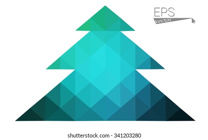 Blue, green low poly style christmas tree vector illustration consisting of triangles. Abstract triangular polygonal origami or crystal design of New Years celebration. Isolated on white background