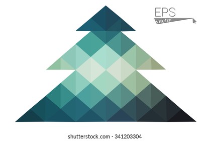 Blue, green low poly style christmas tree vector illustration consisting of triangles. Abstract triangular polygonal origami or crystal design of New Years celebration. Isolated on white background