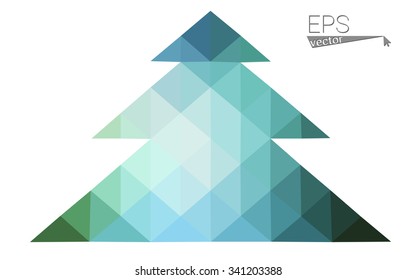 Blue, green low poly style christmas tree vector illustration consisting of triangles. Abstract triangular polygonal origami or crystal design of New Years celebration. Isolated on white background