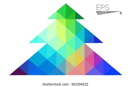 Blue, green low poly style christmas tree vector illustration consisting of triangles. Abstract triangular polygonal origami or crystal design of New Years celebration. Isolated on white background