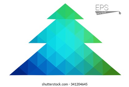 Blue, green low poly style christmas tree vector illustration consisting of triangles. Abstract triangular polygonal origami or crystal design of New Years celebration. Isolated on white background