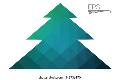 Blue, green low poly style christmas tree vector illustration consisting of triangles. Abstract triangular polygonal origami or crystal design of New Years celebration. Isolated on white background