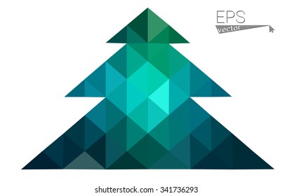 Blue, green low poly style christmas tree vector illustration consisting of triangles. Abstract triangular polygonal origami or crystal design of New Years celebration. Isolated on white background