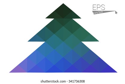 Blue, green low poly style christmas tree vector illustration consisting of triangles. Abstract triangular polygonal origami or crystal design of New Years celebration. Isolated on white background