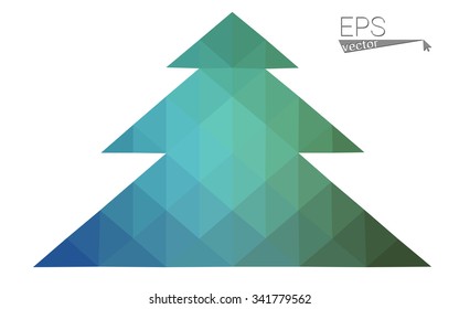 Blue, green low poly style christmas tree vector illustration consisting of triangles. Abstract triangular polygonal origami or crystal design of New Years celebration. Isolated on white background