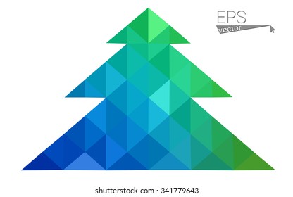 Blue, green low poly style christmas tree vector illustration consisting of triangles. Abstract triangular polygonal origami or crystal design of New Years celebration. Isolated on white background