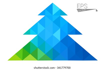 Blue, green low poly style christmas tree vector illustration consisting of triangles. Abstract triangular polygonal origami or crystal design of New Years celebration. Isolated on white background