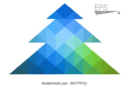 Blue, green low poly style christmas tree vector illustration consisting of triangles. Abstract triangular polygonal origami or crystal design of New Years celebration. Isolated on white background