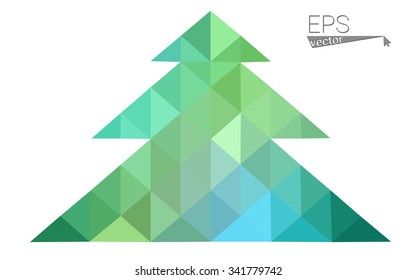 Blue, green low poly style christmas tree vector illustration consisting of triangles. Abstract triangular polygonal origami or crystal design of New Years celebration. Isolated on white background