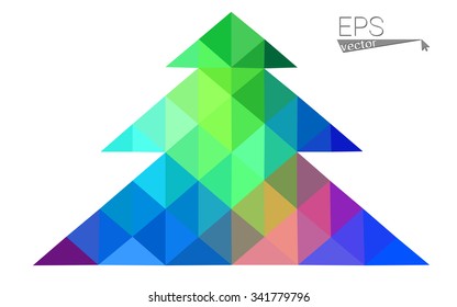 Blue, green low poly style christmas tree vector illustration consisting of triangles. Abstract triangular polygonal origami or crystal design of New Years celebration. Isolated on white background