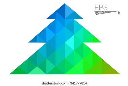 Blue, green low poly style christmas tree vector illustration consisting of triangles. Abstract triangular polygonal origami or crystal design of New Years celebration. Isolated on white background