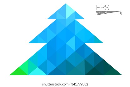 Blue, green low poly style christmas tree vector illustration consisting of triangles. Abstract triangular polygonal origami or crystal design of New Years celebration. Isolated on white background