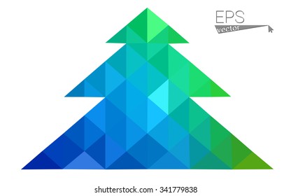 Blue, green low poly style christmas tree vector illustration consisting of triangles. Abstract triangular polygonal origami or crystal design of New Years celebration. Isolated on white background