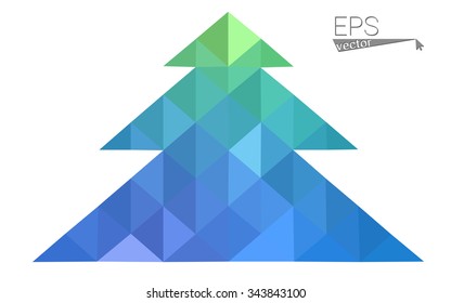 Blue, green low poly style christmas tree vector illustration consisting of triangles. Abstract triangular polygonal origami or crystal design of New Years celebration. Isolated on white background