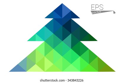 Blue, green low poly style christmas tree vector illustration consisting of triangles. Abstract triangular polygonal origami or crystal design of New Years celebration. Isolated on white background