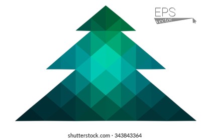 Blue, green low poly style christmas tree vector illustration consisting of triangles. Abstract triangular polygonal origami or crystal design of New Years celebration. Isolated on white background