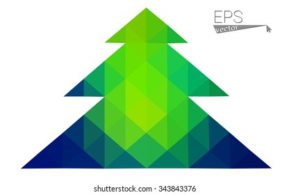 Blue, green low poly style christmas tree vector illustration consisting of triangles. Abstract triangular polygonal origami or crystal design of New Years celebration. Isolated on white background