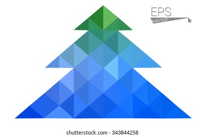 Blue, green low poly style christmas tree vector illustration consisting of triangles. Abstract triangular polygonal origami or crystal design of New Years celebration. Isolated on white background