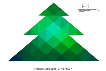 Blue, green low poly style christmas tree vector illustration consisting of triangles. Abstract triangular polygonal origami or crystal design of New Years celebration. Isolated on white background