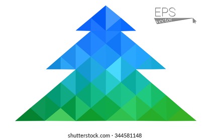 Blue, green low poly style christmas tree vector illustration consisting of triangles. Abstract triangular polygonal origami or crystal design of New Years celebration. Isolated on white background