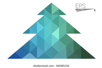Blue, green low poly style christmas tree vector illustration consisting of triangles. Abstract triangular polygonal origami or crystal design of New Years celebration. Isolated on white background