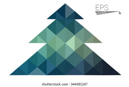 Blue, green low poly style christmas tree vector illustration consisting of triangles. Abstract triangular polygonal origami or crystal design of New Years celebration. Isolated on white background