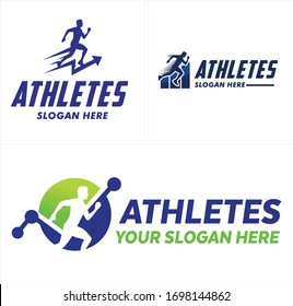 Blue green man sprints on arrow,  graphed runner icon illustration vector logo symbol icon suitable for sport training coaching school athletes competition