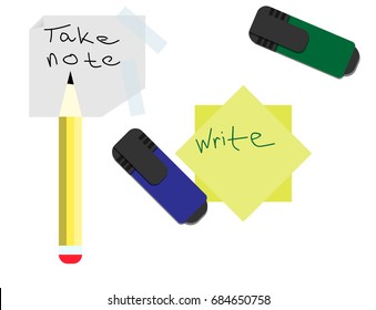 Blue and green markers with notepaper