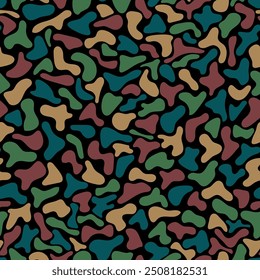 blue green maroon brown chaotic shapes. vector seamless pattern. black repetitive background. fabric swatch. wrapping paper. decorative art. continuous design template for textile, home decor, linen