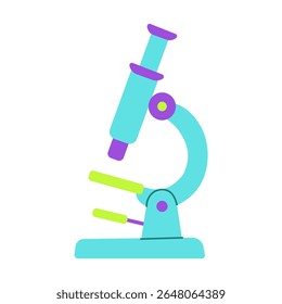Um microscópio azul e verde com uma alça amarela. O microscópio está sobre um fundo branco. Conceito de curiosidade e exploração científica