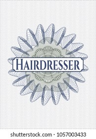 Blue and green money style emblem or rosette with text Hairdresser inside