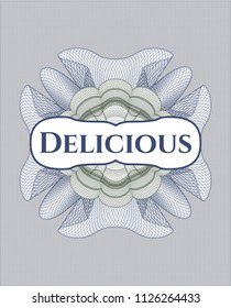 Blue and green money style emblem or rosette with text Delicious inside