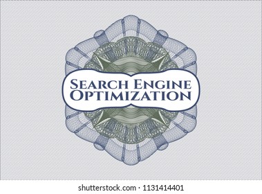 Blue and green money style emblem or rosette with text Search Engine Optimization inside