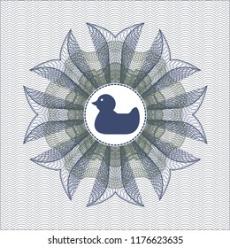 Blue and green money style emblem or rosette with rubber duck icon inside