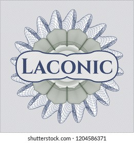 Blue and green money style emblem or rosette with text Laconic inside