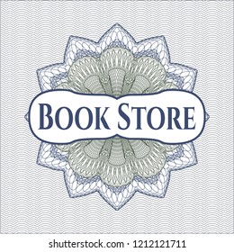 Blue and green money style emblem or rosette with text Book Store inside