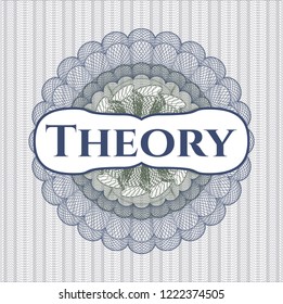Blue and green money style emblem or rosette with text Theory inside