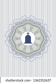 Blue and green money style emblem or rosette with tombstone icon inside
