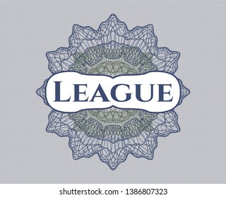 Blue and green money style emblem or rosette with text League inside