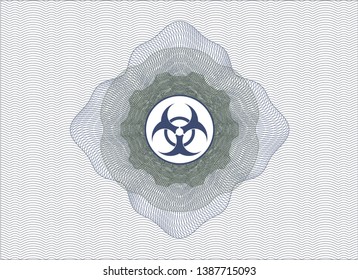 Blue and green money style emblem or rosette with biohazard icon inside