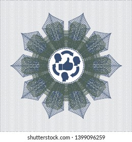 Blue and green money style emblem or rosette with good customer feedback icon inside