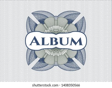Blue and green money style emblem or rosette with text Album inside