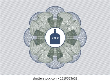 Blue and green money style emblem or rosette with bottle of alcohol icon inside