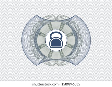 Blue and green money style emblem or rosette with kettlebell icon inside