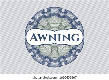 Blue and green money style emblem or rosette with text Awning inside